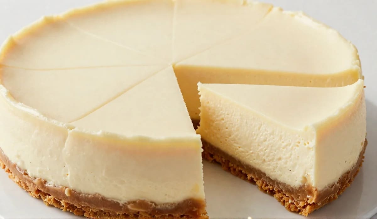 A full round no-bake vanilla bean cheesecake with a slice removed, showing a creamy rich filling and buttery graham cracker crust on a white plate.