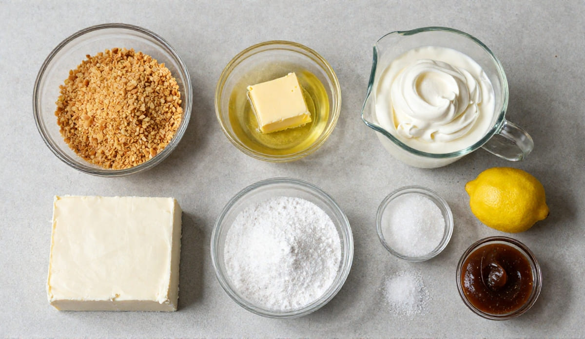Top down flat lay view of ingredients for no bake vanilla bean cheesecake including cream cheese, graham cracker crumbs, heavy cream, powdered sugar, butter, lemon, and vanilla paste.