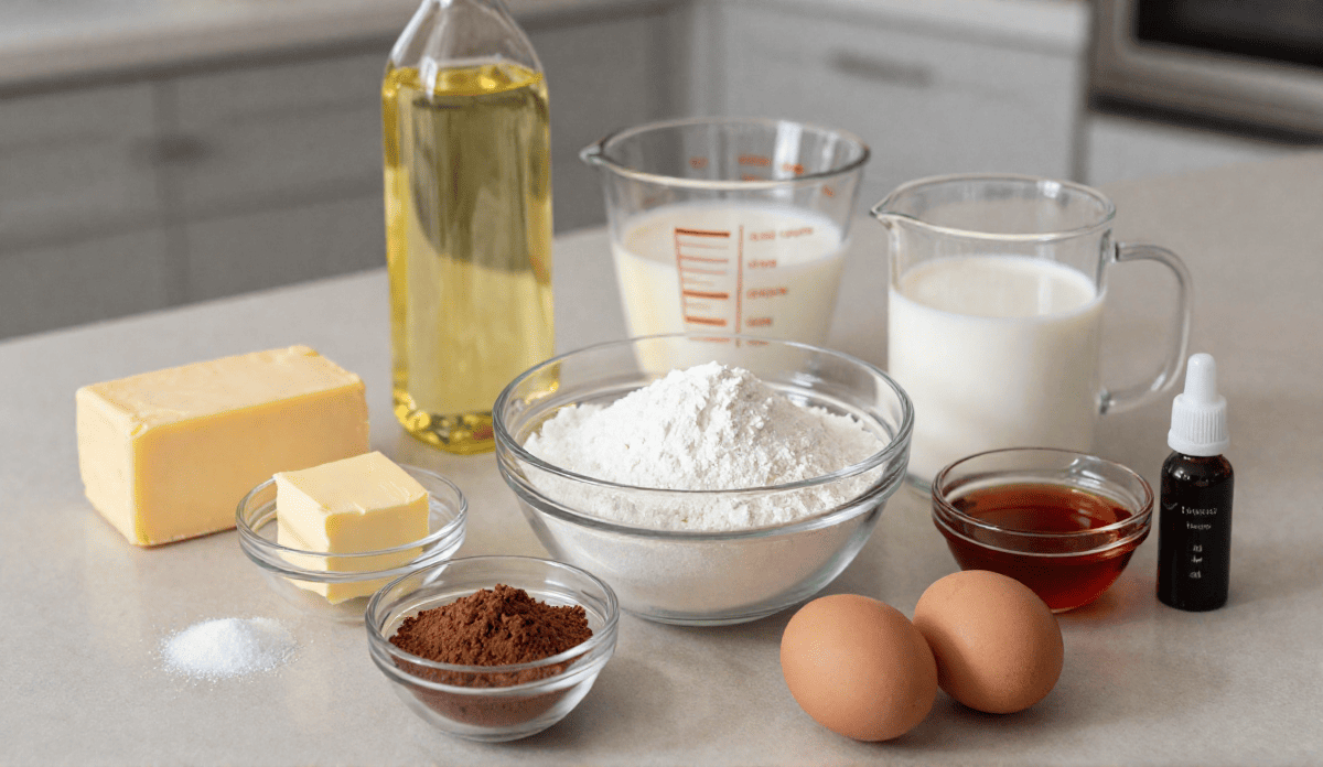 The Ultimate Classic Red Velvet Cake (Soft, Moist & Fluffy) Flat lay of baking ingredients for Red Velvet Cake including flour, cocoa powder, 2 eggs, buttermilk, butter, and cream cheese on a counter.