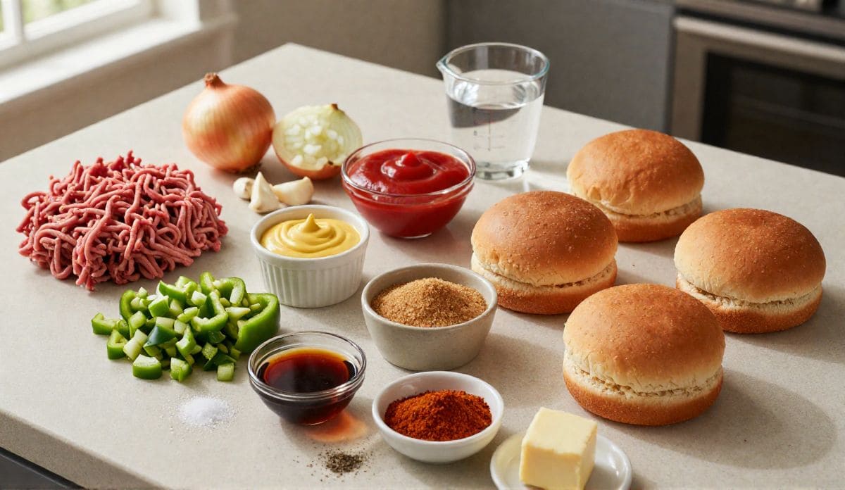 Ingredients for homemade Sloppy Joes with ground beef, green bell pepper, onion, garlic, ketchup, mustard, Worcestershire sauce, and hamburger buns.