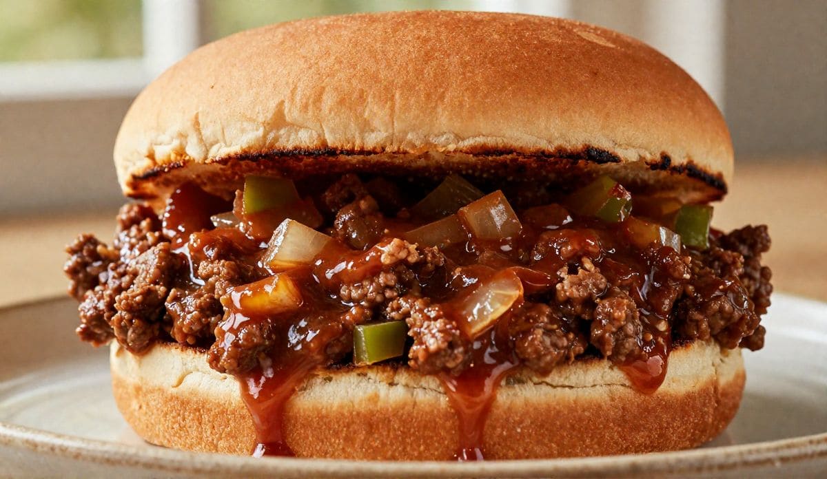 Classic Homemade Sloppy Joe sandwich with savory ground beef sauce on a toasted hamburger bun.