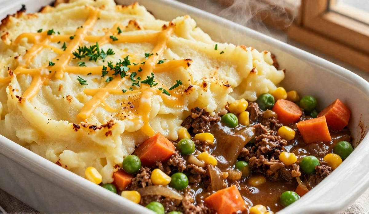 Classic Shepherd’s Pie (Easy Homemade Recipe) A freshly baked Shepherd's Pie in a white baking dish showing layers of seasoned ground lamb with peas, corn, and carrots, topped with mashed potatoes and melted cheddar cheese.