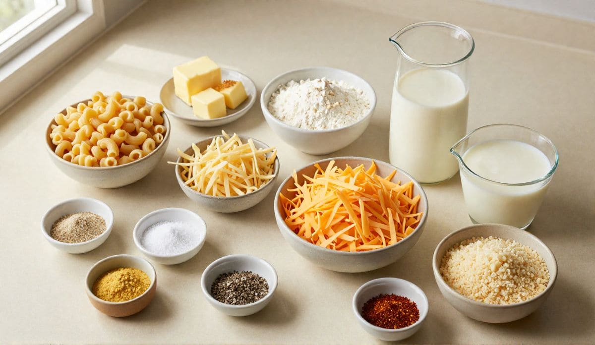 Ingredients for creamy baked mac and cheese including macaroni, shredded cheddar, Gruyere cheese, butter, flour, milk, heavy cream, and Panko breadcrumbs.