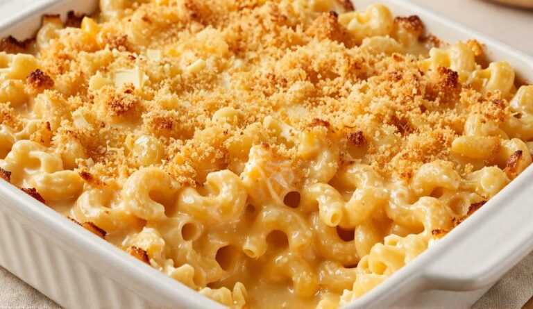 A baking dish of creamy baked mac and cheese with a golden buttered Panko breadcrumb topping.