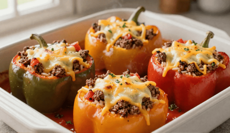 Freshly baked stuffed bell peppers filled with ground beef, rice, and melted cheddar cheese in a baking dish.