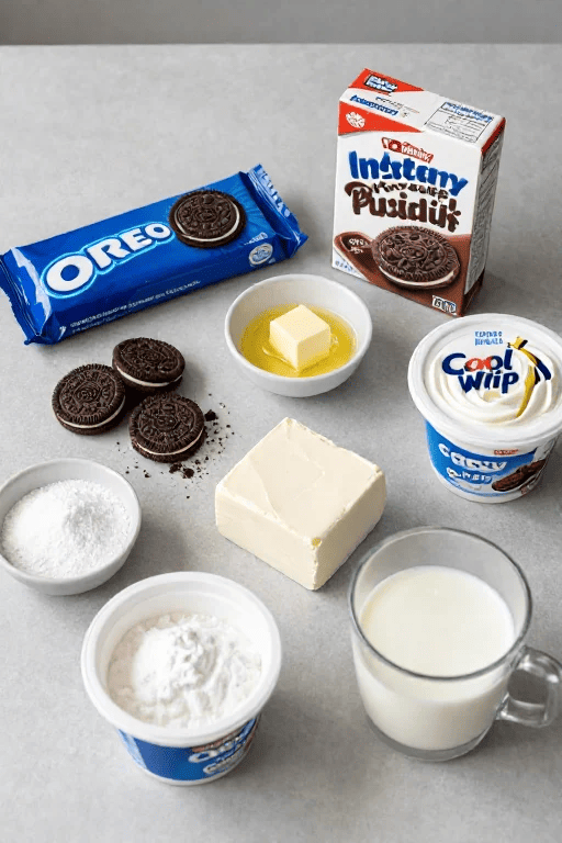 Ingredients for no-bake layered Oreo dessert including Oreos, instant chocolate pudding mix, cream cheese, butter, powdered sugar, Cool Whip, and milk.