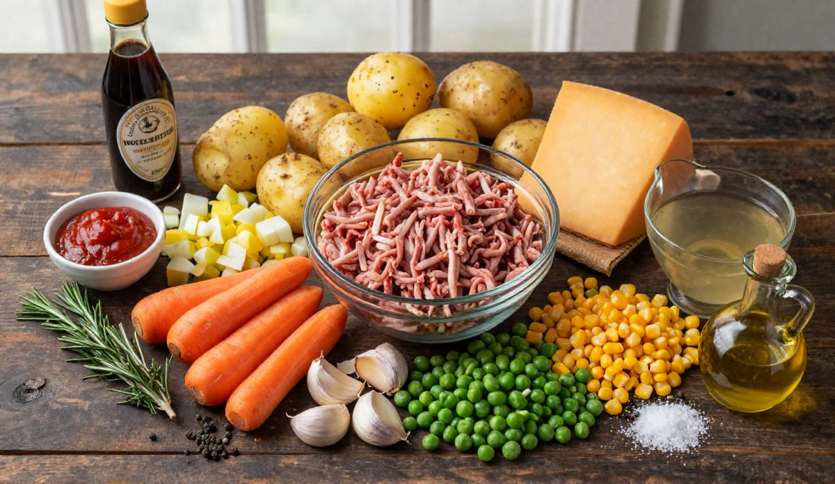 Classic Shepherd’s Pie (Easy Homemade Recipe) Ingredients for Shepherd's Pie arranged on a wooden table, including ground lamb, Yukon Gold potatoes, carrots, peas, corn, garlic, cheddar cheese, tomato paste, and Worcestershire sauce.