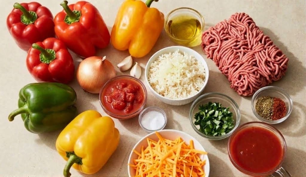 Easy Stuffed Peppers with Ground Beef and Rice Ingredients for easy stuffed peppers including multiple colorful bell peppers, ground beef, cooked rice, shredded cheese, onion, garlic, and tomato sauce.