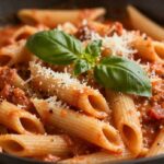 ​A skillet of 30-minute creamy tomato penne pasta garnished with fresh basil leaves and freshly grated Parmesan cheese by Best Yummy Recipe.