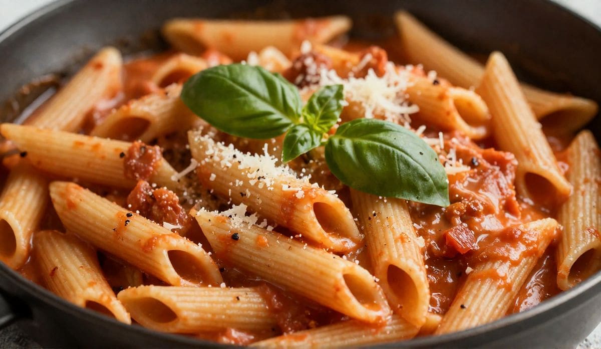​A skillet of 30-minute creamy tomato penne pasta garnished with fresh basil leaves and freshly grated Parmesan cheese by Best Yummy Recipe.