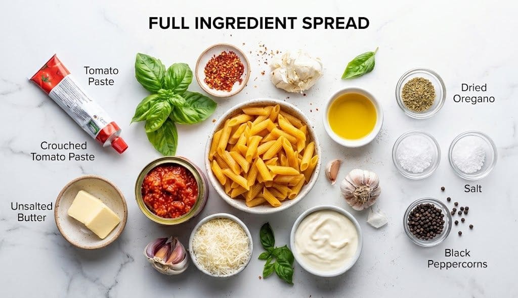 ​Flatlay spread of all ingredients needed for 30-minute creamy tomato pasta including penne, heavy cream, tomato paste, crushed tomatoes, and spices by Best Yummy Recipe
