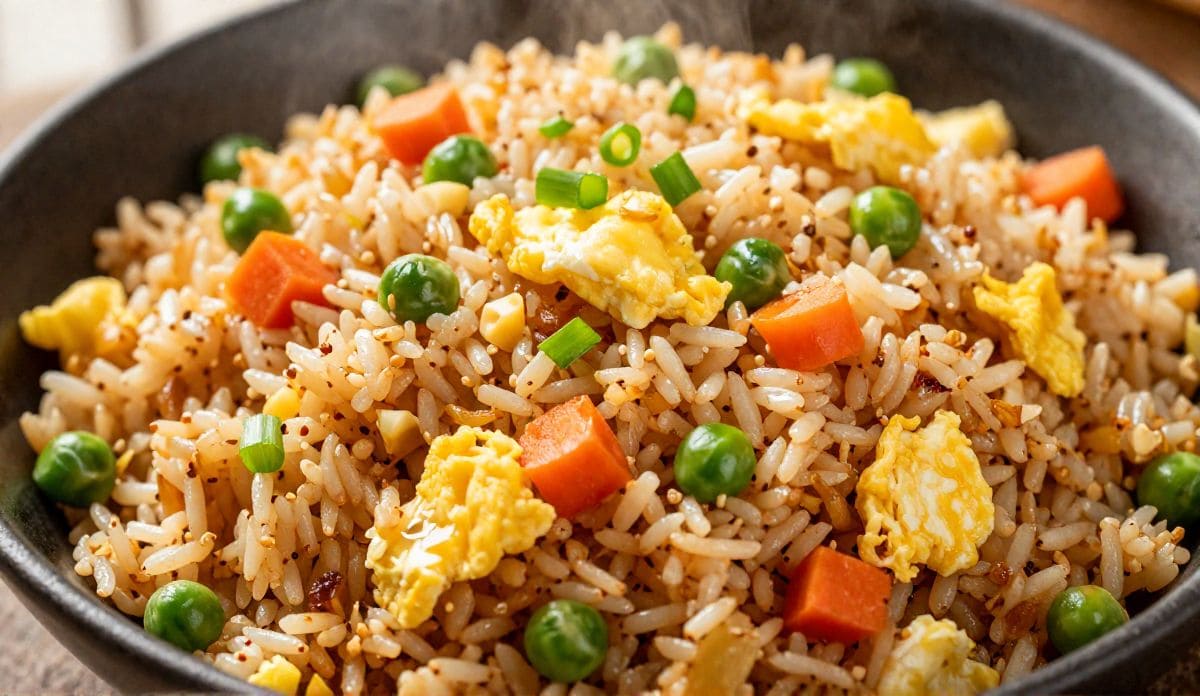 ​A bowl of homemade 25-minute fried rice made with cold jasmine rice, scrambled eggs, green peas, diced carrots, and chopped green onions.