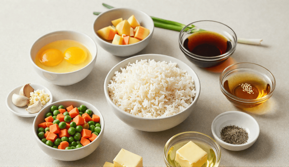 ​Ingredients for 25-minute fried rice laid out in small bowls, including cold cooked jasmine rice, eggs, frozen peas and carrots, diced yellow onion, minced garlic, soy sauce, sesame oil, and butter.
